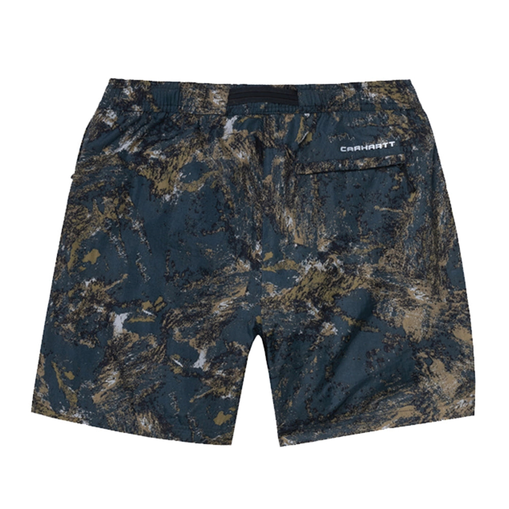“Grünfarbene Carhartt WIP Terra Short mit Satellitenprint ("Deep Lagoon"). Leichte Shorts aus schnelltrocknendem Polyester. Elastischer Bund, Seitentaschen und gewebtes Carhartt WIP Square Label.“