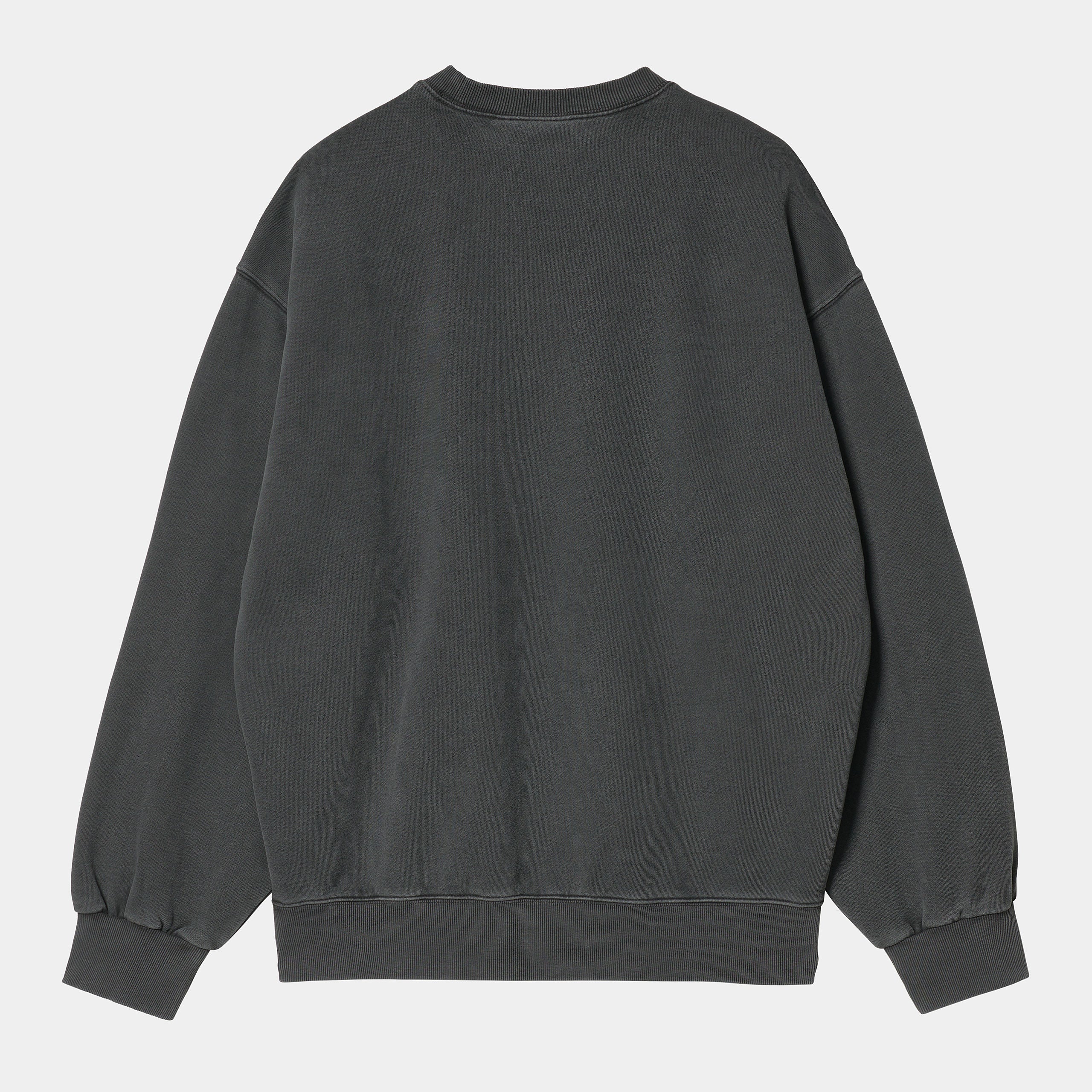 “Anthrazit farbenes („Vulcan“) Carhartt WIP Vista Sweatshirt. Herren-Sweatshirt aus schwerem, stückgefärbtem Baumwolljersey. Kastenförmige, lockere Passform mit geripptem Rundhalsausschnitt, Bündchen und Saum. Kleines, farblich passendes Carhartt "C"-Logo auf der Brust. Robuster, bequemer Style.“