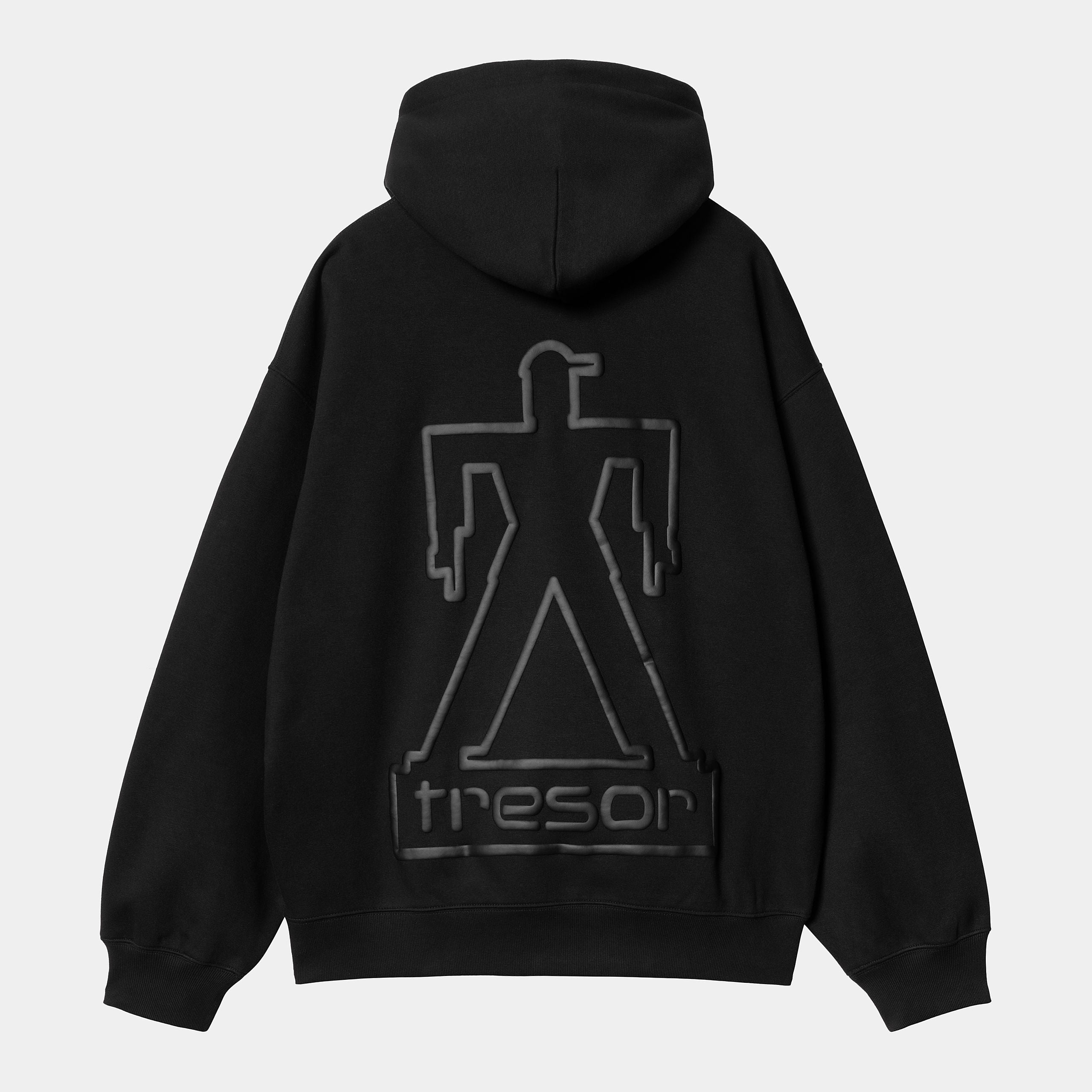 "Carhartt WIP x TRESOR Basement Hooded Sweatshirt, Schwarz/Grau, Baumwolle, Kapuzenpullover mit grafischem Print und Co-Branding."