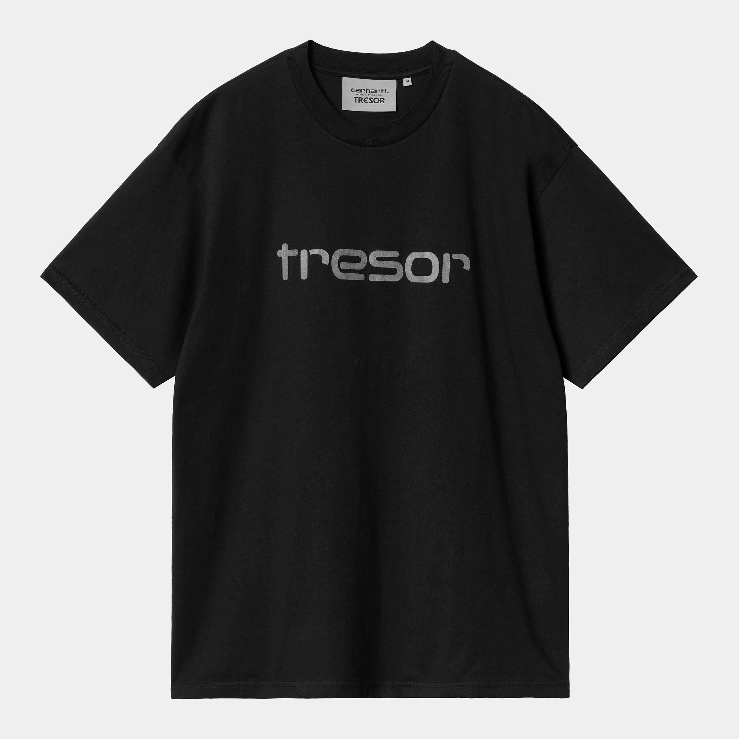 "Carhartt WIP x TRESOR Techno Alliance S/S T-Shirt, Schwarz/Dunkelgrau reflektierend, Baumwolle, Kurzarmshirt mit reflektierendem Print und Co-Branding."