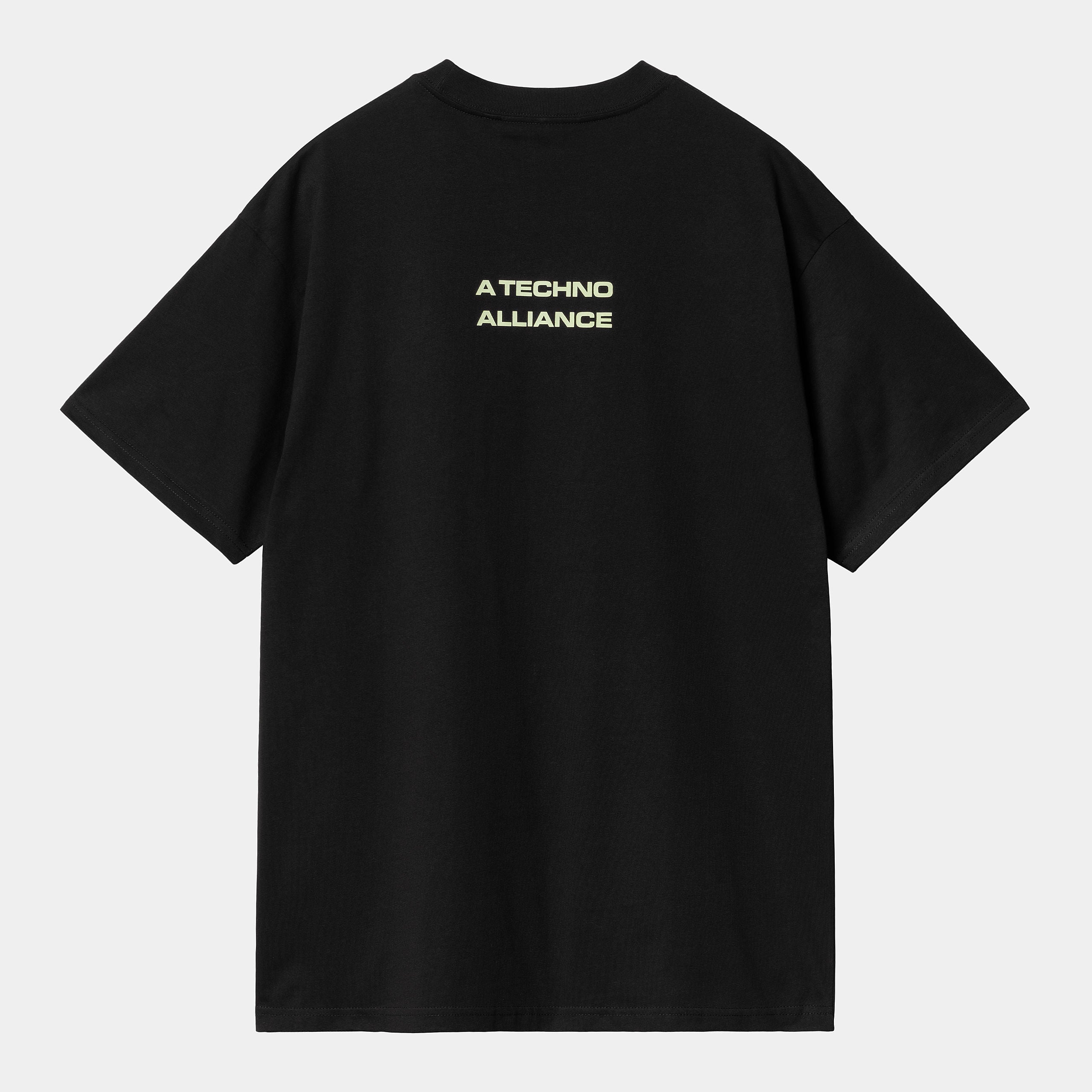 "Carhartt WIP x TRESOR Techno Alliance S/S T-Shirt, Schwarz/Glow Green, Baumwolle, Kurzarmshirt mit leuchtend grünem Print und Co-Branding."