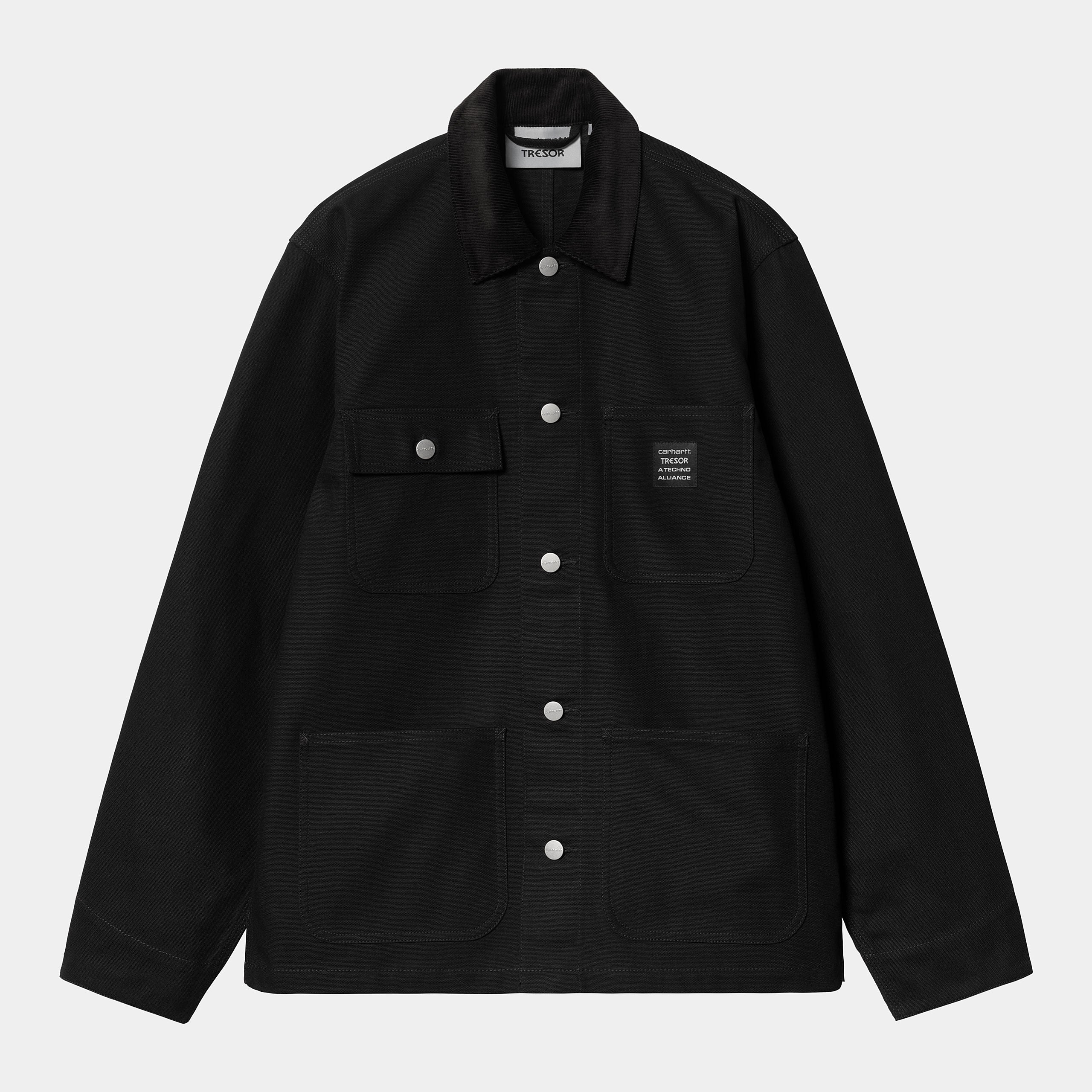 "Carhartt WIP x TRESOR Way Of The Light Michigan Coat, Black, robustes Canvas, Arbeitsjacke mit reflektierenden Details und Co-Branding."
