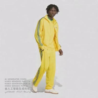 „Video von der gelben adidas Originals Firebird Track Pants (KD8340) mit grünen Streifen und Details in Collegiate Royal Blau – bunte Retro-Trainingshose erhältlich bei Stickabush Berlin.“