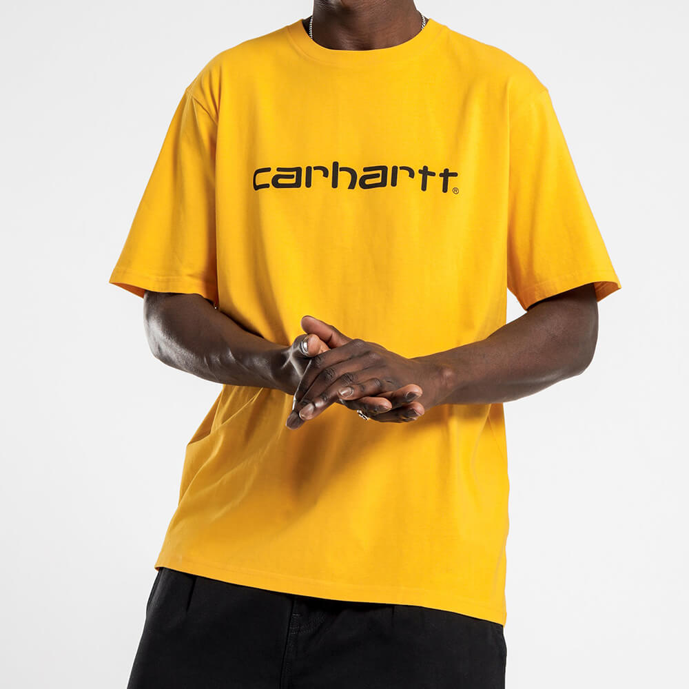 Carhartt WIP S/S Script T-Shirt in Sunflower Gelb mit schwarzem Brust-Logo – Vorderansicht bei STICKABUSH Berlin-Kreuzberg
