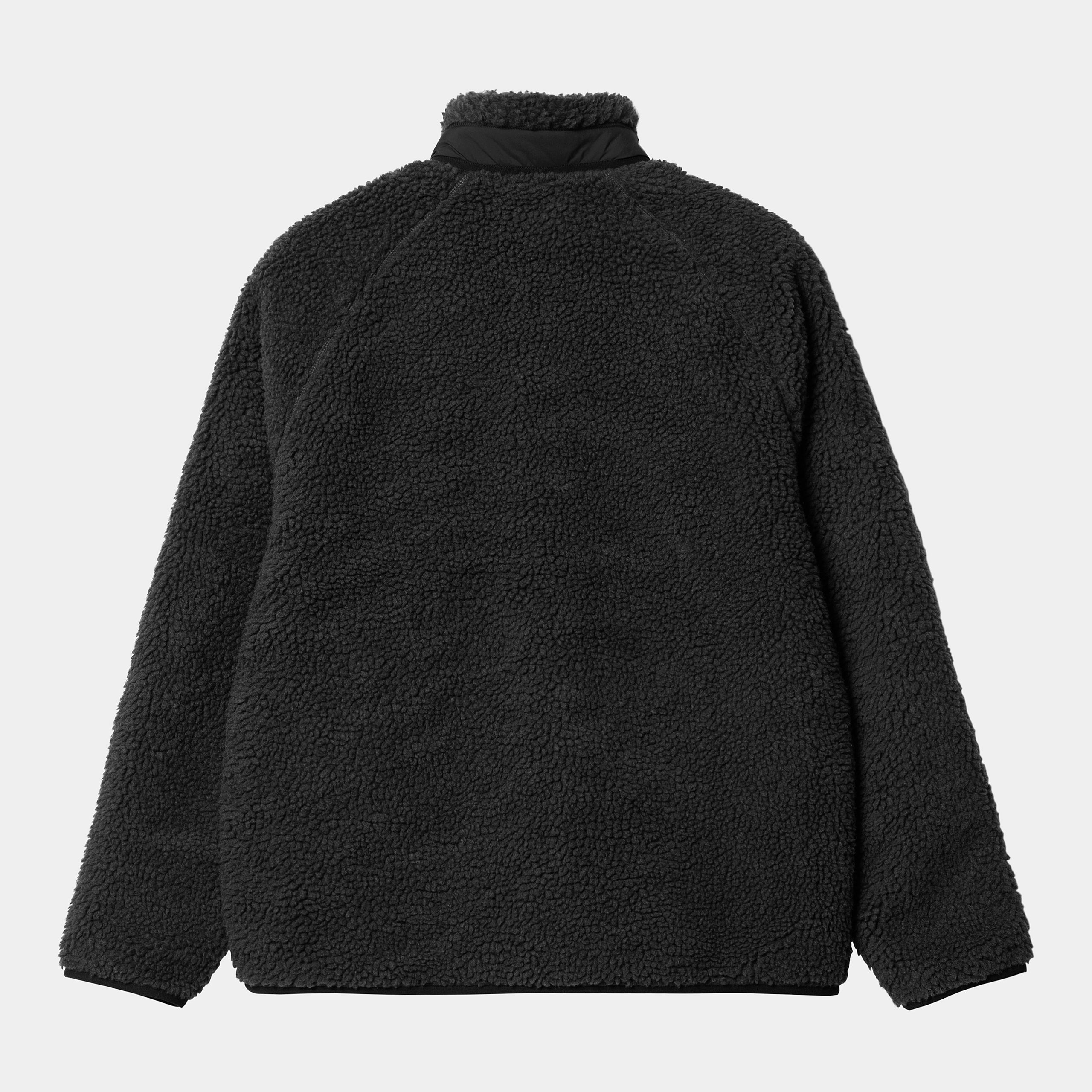 “Carhartt WIP Prentis Liner – Black. Schwarze Fleecejacke aus Polyester-Pile-Fleece, mit Reißverschluss, Kontrasteinsätzen und Carhartt WIP Square Label auf der Brust.“