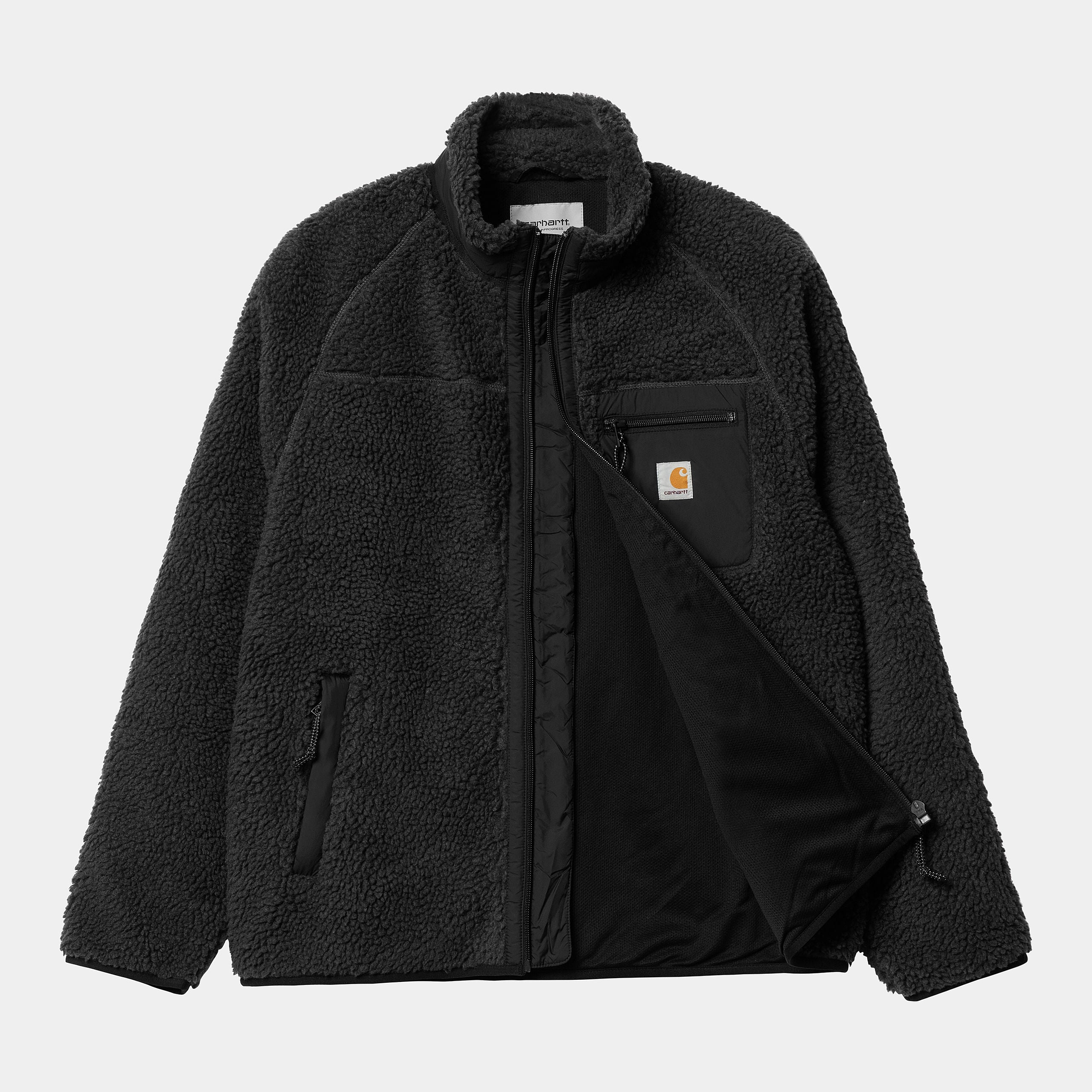 “Carhartt WIP Prentis Liner – Black. Schwarze Fleecejacke aus Polyester-Pile-Fleece, mit Reißverschluss, Kontrasteinsätzen und Carhartt WIP Square Label auf der Brust.“

