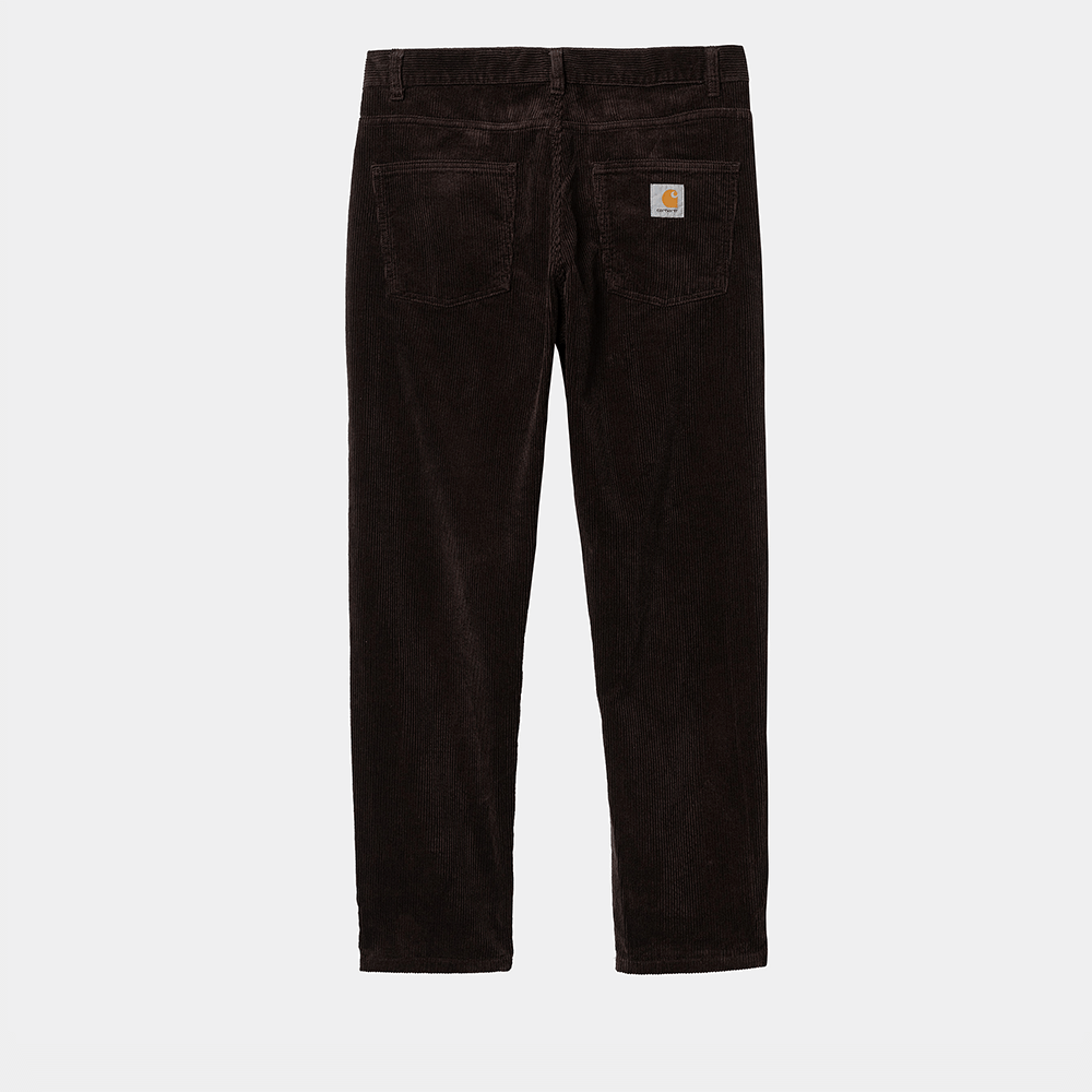 "Carhartt Newel Pant in Dunkelbraun (Rinsed), Cordhose aus Baumwolle, lockere Passform, klassische Hose in tiefem Dunkelbraun."
