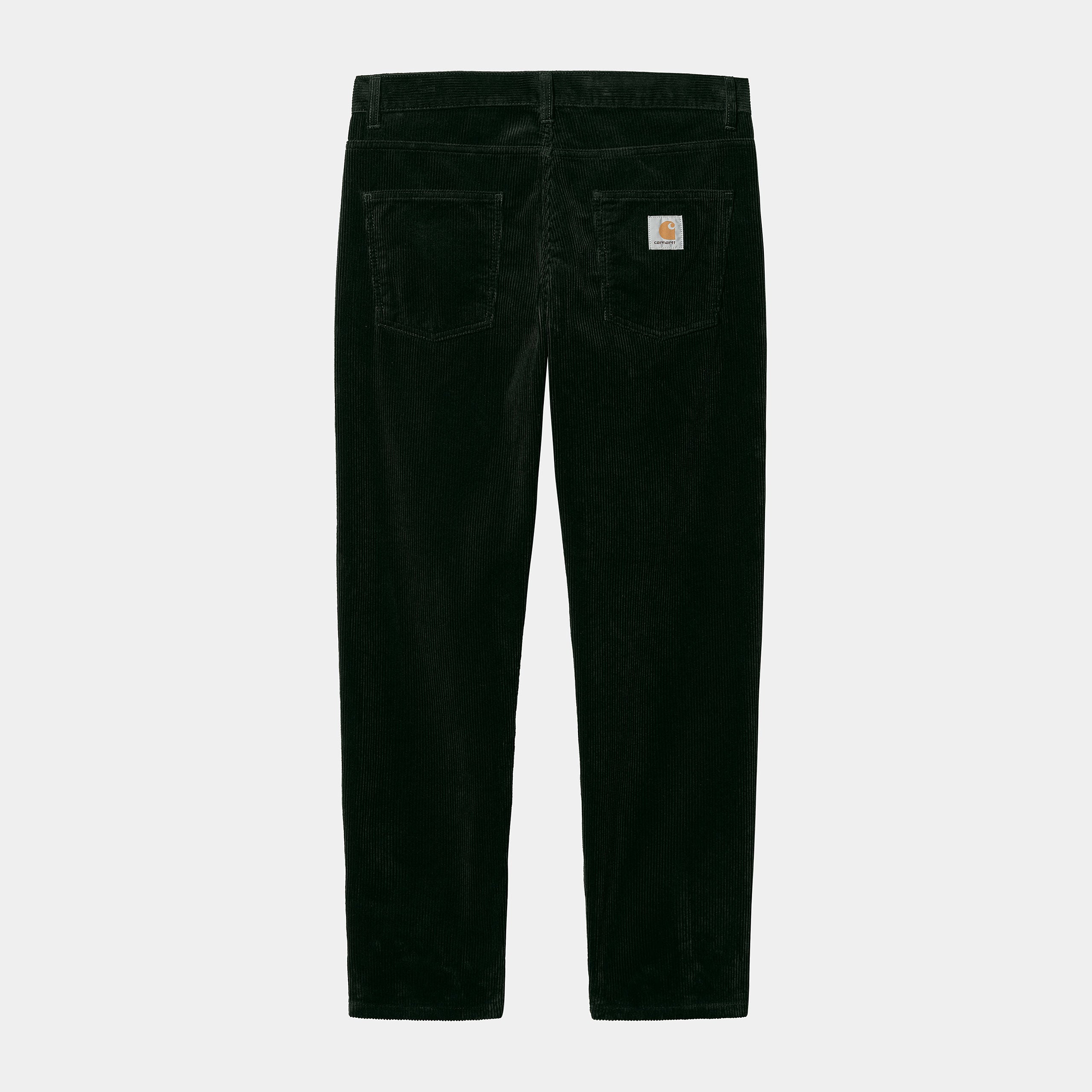 "Carhartt Newel Pant in Cedar (Rinsed), Baumwolle, lockere Passform, klassische Five-Pocket Hose in einem Dunkelgrün."