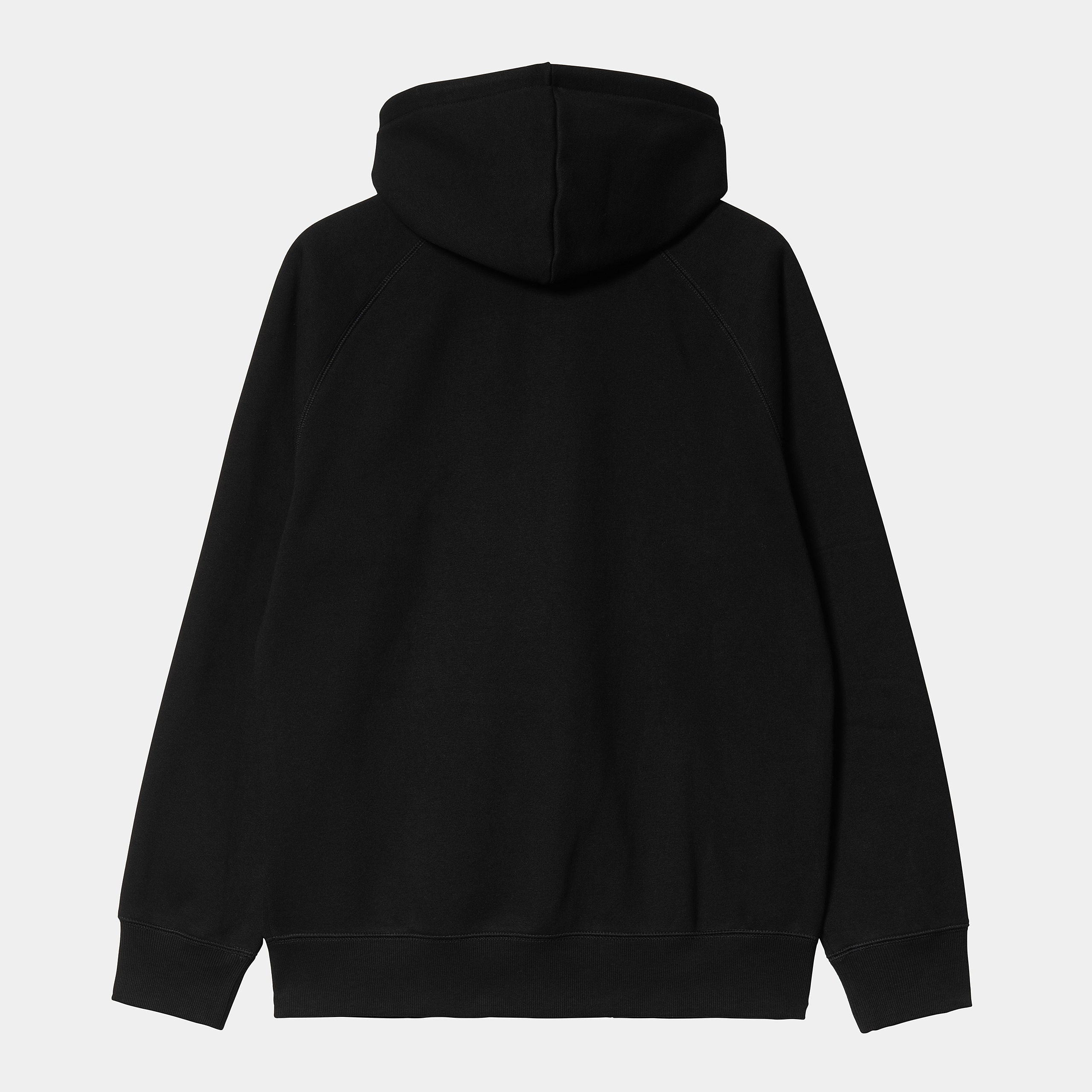 "Carhartt Hooded Chase Jacket in Schwarz/Gold, I026385_00F_XX, Carhartt Zip Hoodie aus Baumwollmischung, Kapuze, goldene Logo-Stickerei, klassische Sweatjacke."