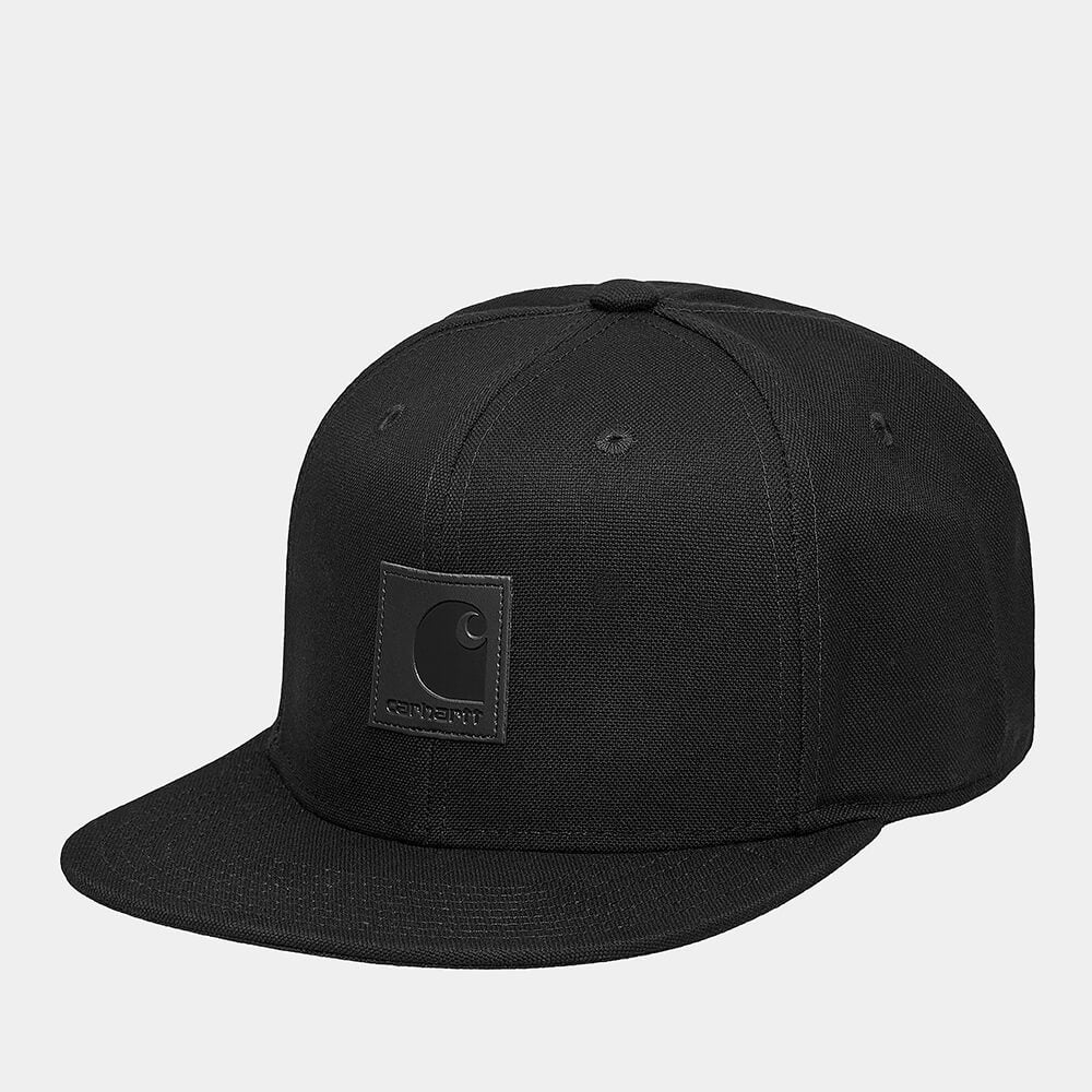 "Carhartt Logo Cap in Schwarz, Baumwolle, klassische Baseballkappe mit quadratisches Etikett aus Kunstleder."